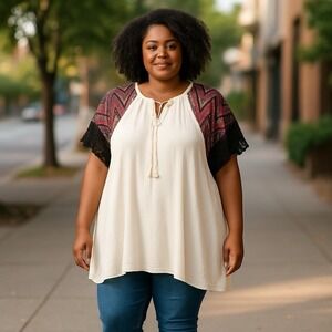 Sugarfox Babydoll Tunic Women's Plus Size 3X Ivory‎ Vibrant Sleeves Lace Top New